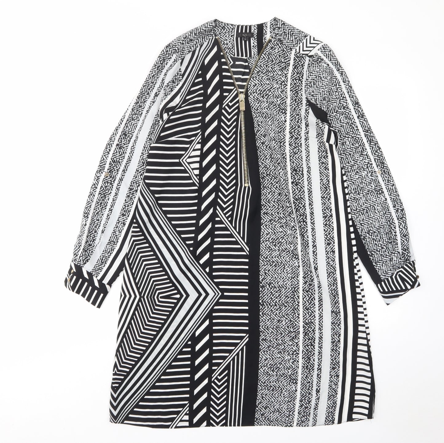 River Island Womens Black Geometric Polyester A-Line Size 10 V-Neck Pullover - Zip