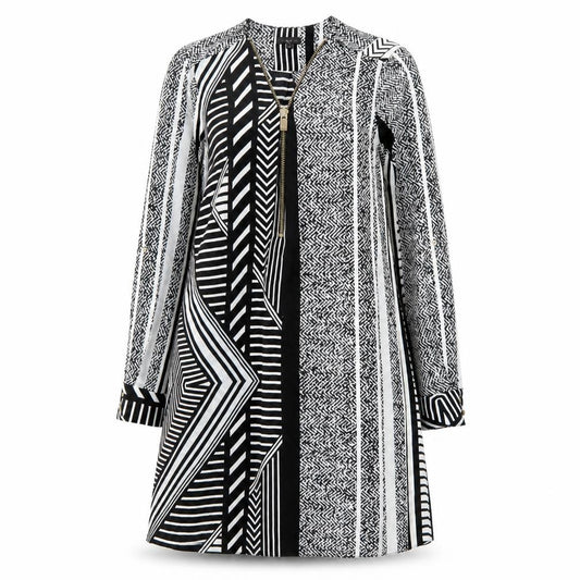 Front view of River Island women’s black geometric polyester a-line, size UK 10, v-neck pullover - zip
