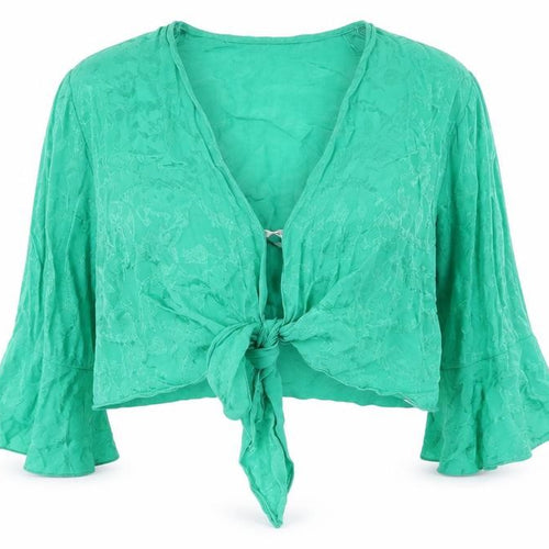 Miss Selfridge Womens Green Floral Viscose Cropped Blouse Size 10 V-Neck - Tie, Frill