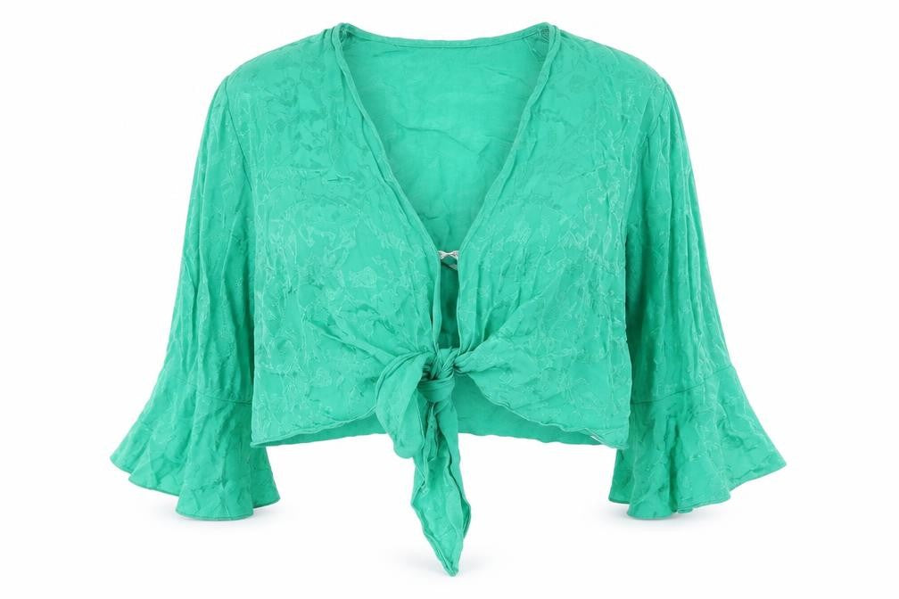 Miss Selfridge Womens Green Floral Viscose Cropped Blouse Size 10 V-Neck - Tie, Frill