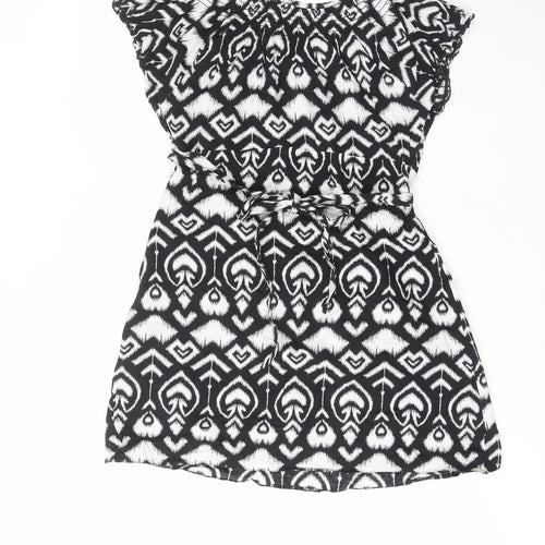 Dorothy Perkins Womens Black Geometric Cotton Tunic T-Shirt Size 14 Scoop Neck - Keyhole neck, Pleated, Belted