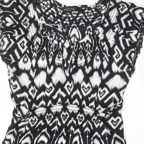 Dorothy Perkins Womens Black Geometric Cotton Tunic T-Shirt Size 14 Scoop Neck - Keyhole neck, Pleated, Belted
