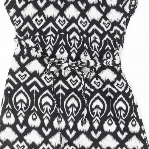 Dorothy Perkins Womens Black Geometric Cotton Tunic T-Shirt Size 14 Scoop Neck - Keyhole neck, Pleated, Belted