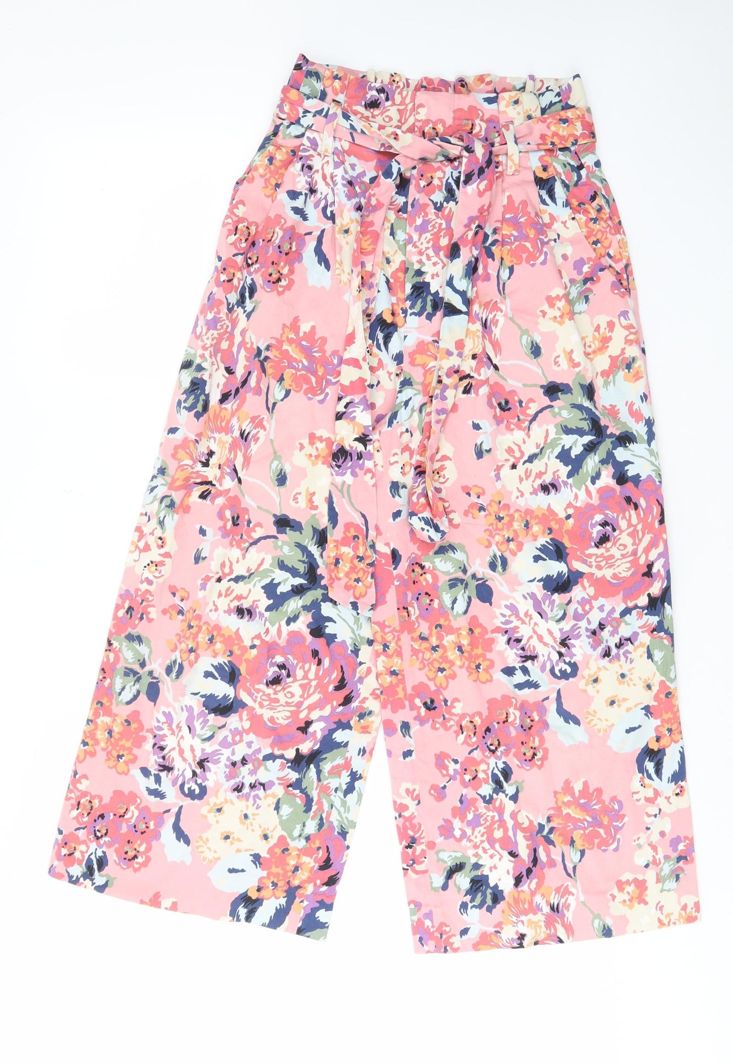 Zara Womens Pink Floral Polyester Trousers Size XS L22 in Regular Hook & Eye - Pockets, Pleated, Belted