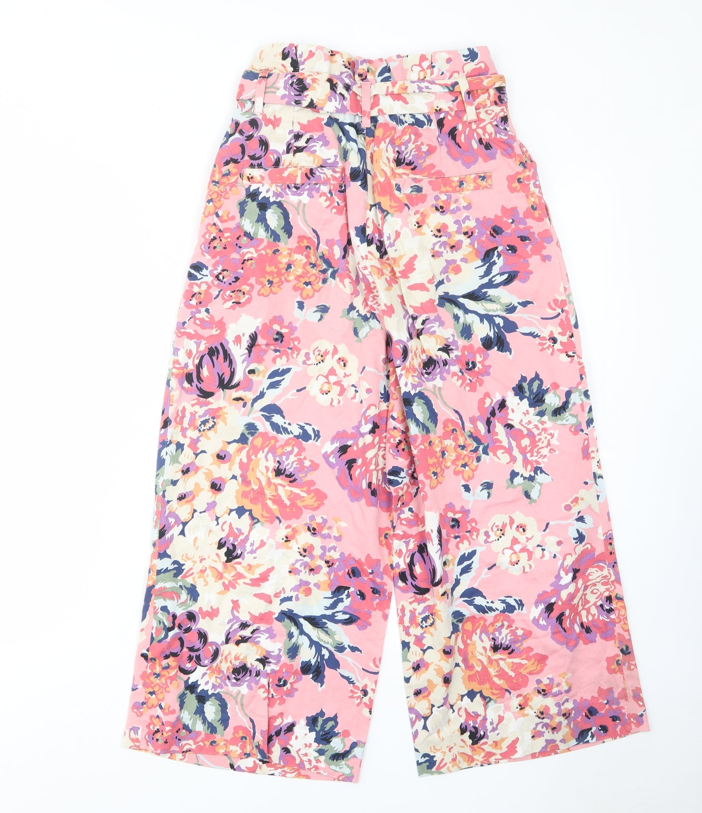 Zara Womens Pink Floral Polyester Trousers Size XS L22 in Regular Hook & Eye - Pockets, Pleated, Belted