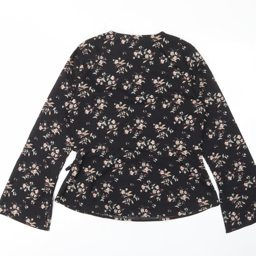 Joe Browns Womens Black Floral Polyester Basic Blouse Size 14 V-Neck - Tie