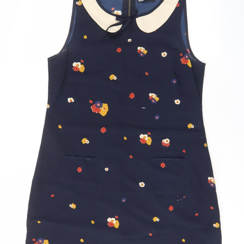 Dotti Womens Blue Floral Polyester A-Line Size 12 Boat Neck Zip - Pockets, Collared