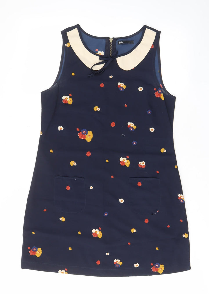 Dotti Womens Blue Floral Polyester A-Line Size 12 Boat Neck Zip - Pockets, Collared