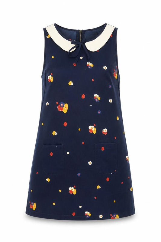 Front view of Dotti women’s blue floral polyester a-line, size UK 12, boat neck zip - pockets, collared