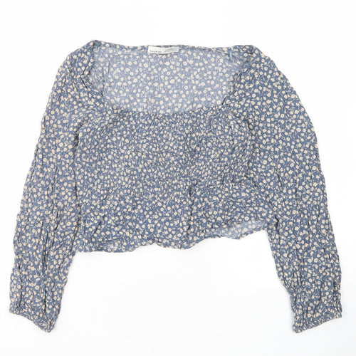 Pull&Bear Girls Blue Floral Viscose Cropped T-Shirt Size S Square Neck Pullover