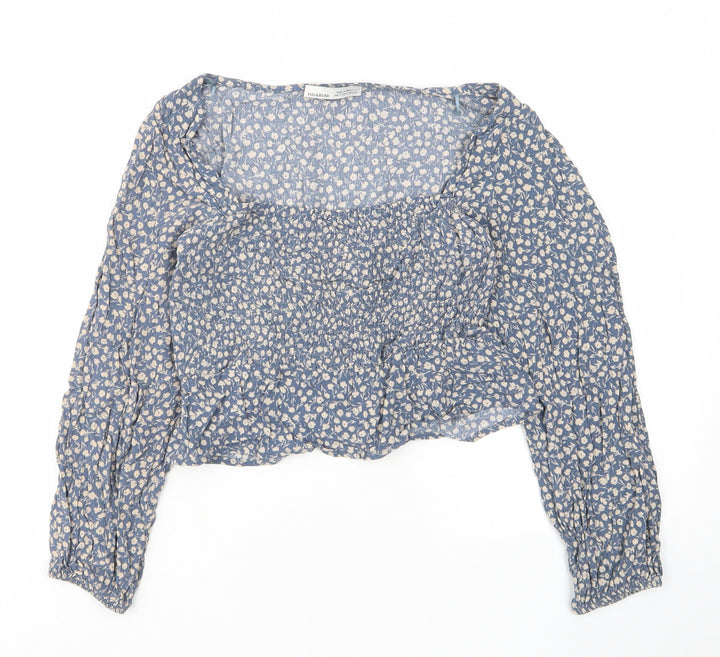 Pull&Bear Girls Blue Floral Viscose Cropped T-Shirt Size S Square Neck Pullover