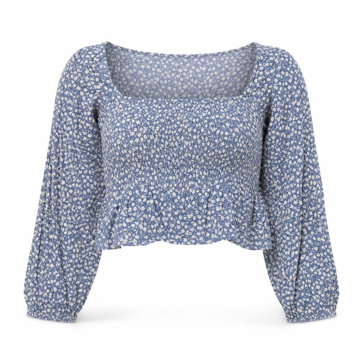 Pull&Bear Girls Blue Floral Viscose Cropped T-Shirt Size S Square Neck Pullover