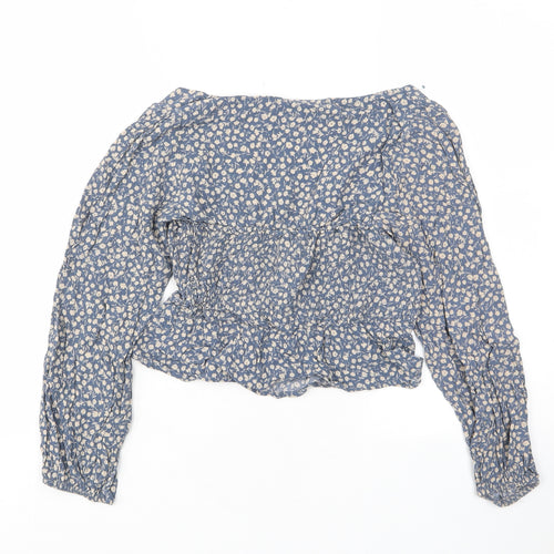 Pull&Bear Girls Blue Floral Viscose Cropped T-Shirt Size S Square Neck Pullover