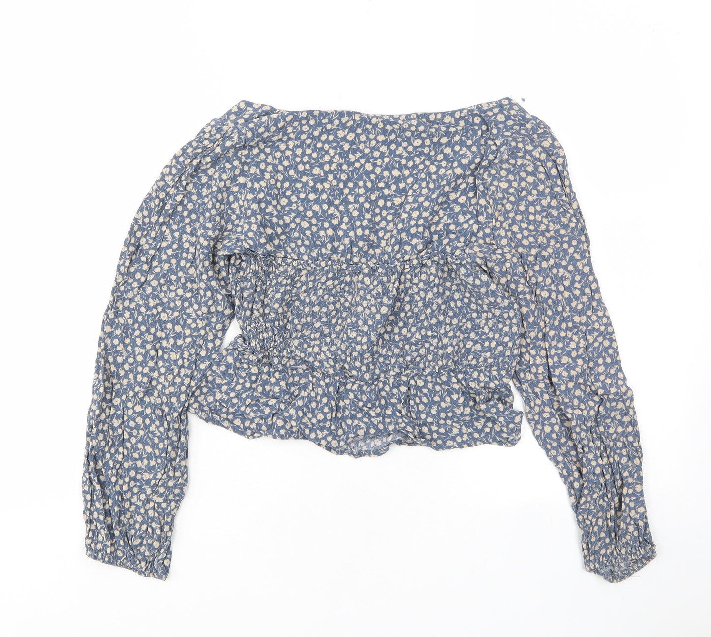 Pull&Bear Girls Blue Floral Viscose Cropped T-Shirt Size S Square Neck Pullover