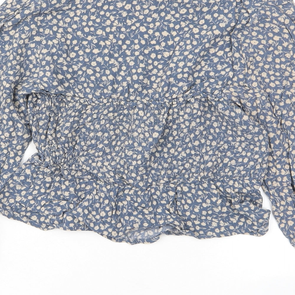Pull&Bear Girls Blue Floral Viscose Cropped T-Shirt Size S Square Neck Pullover