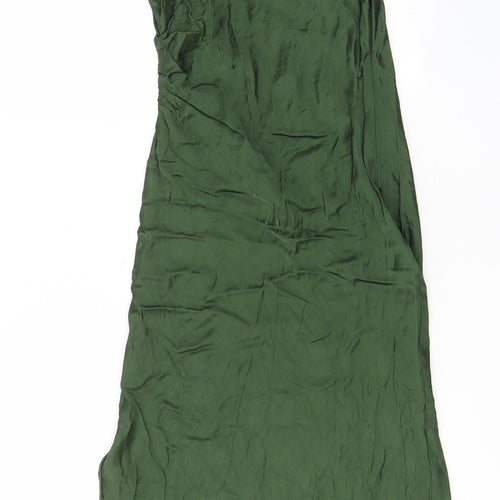 Zara Womens Green Polyester Slip Dress Size S V-Neck Pullover - Ruched Sides