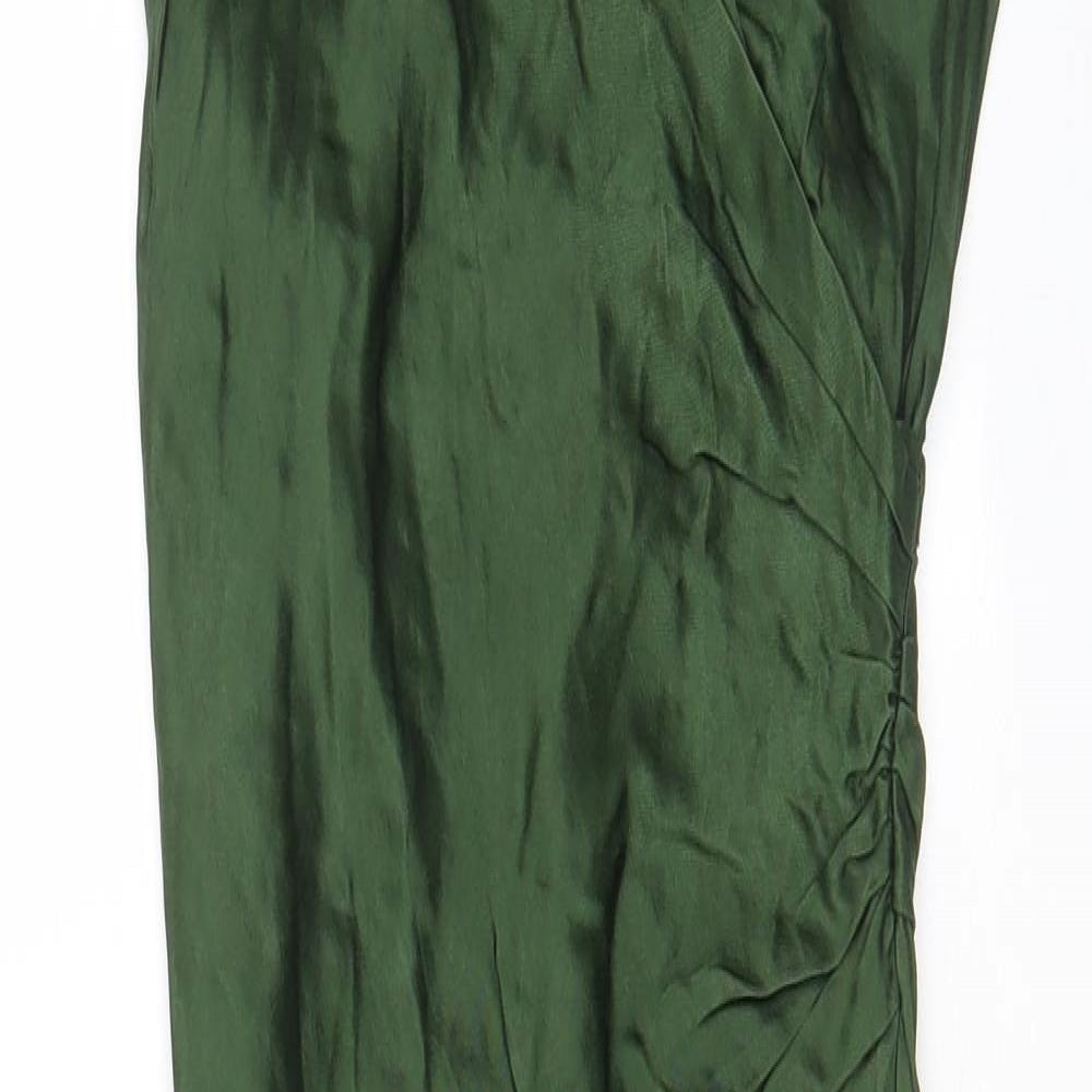 Zara Womens Green Polyester Slip Dress Size S V-Neck Pullover - Ruched Sides
