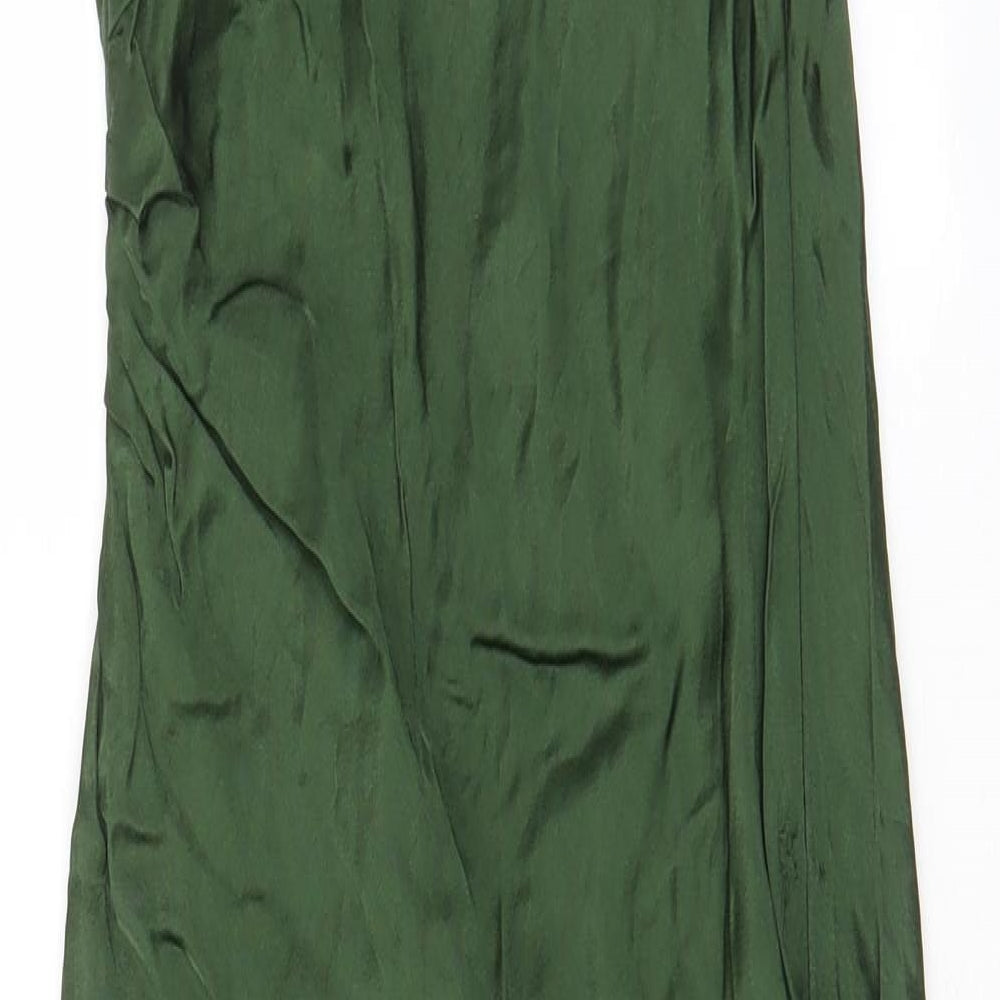Zara Womens Green Polyester Slip Dress Size S V-Neck Pullover - Ruched Sides