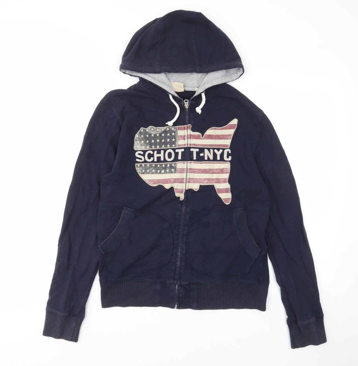 Schott NYC Womens Blue Cotton Full Zip Hoodie Size M Zip - Logo, Embroided, Pockets