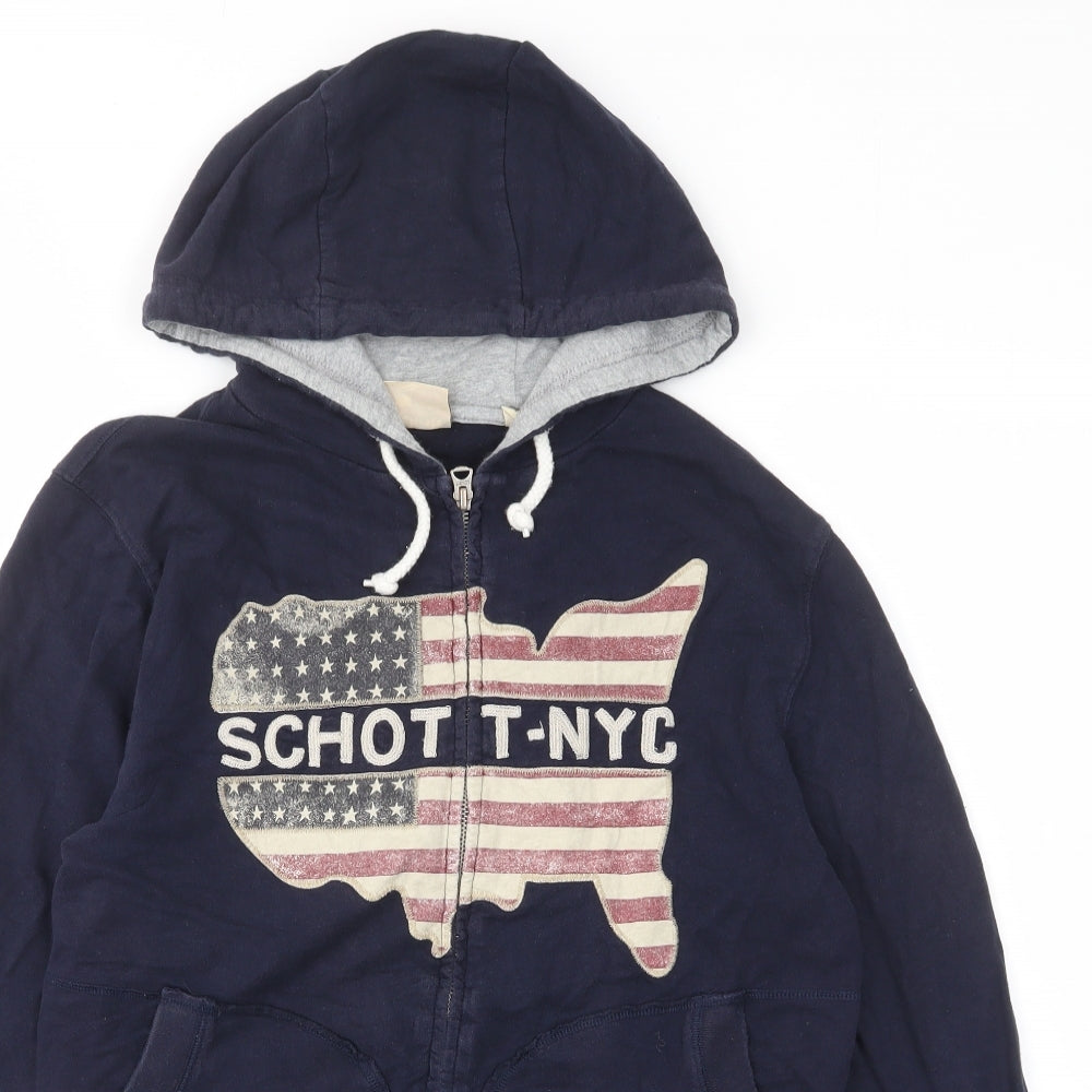 Schott NYC Womens Blue Cotton Full Zip Hoodie Size M Zip - Logo, Embroided, Pockets