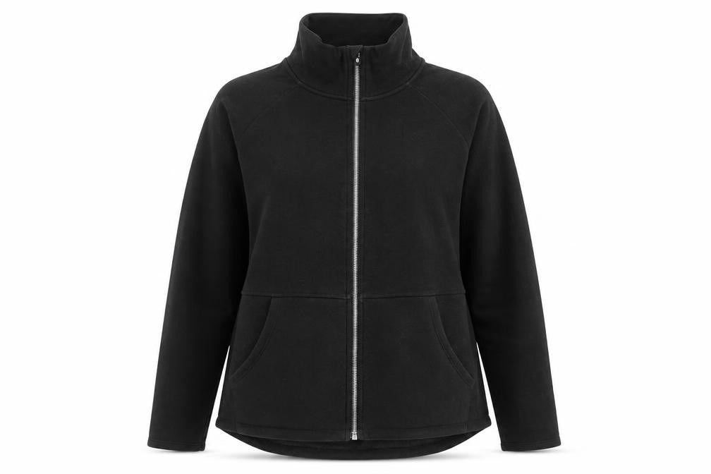 Front view of Skechers women’s black polyester pullover sweatshirt, size L, zip - pockets