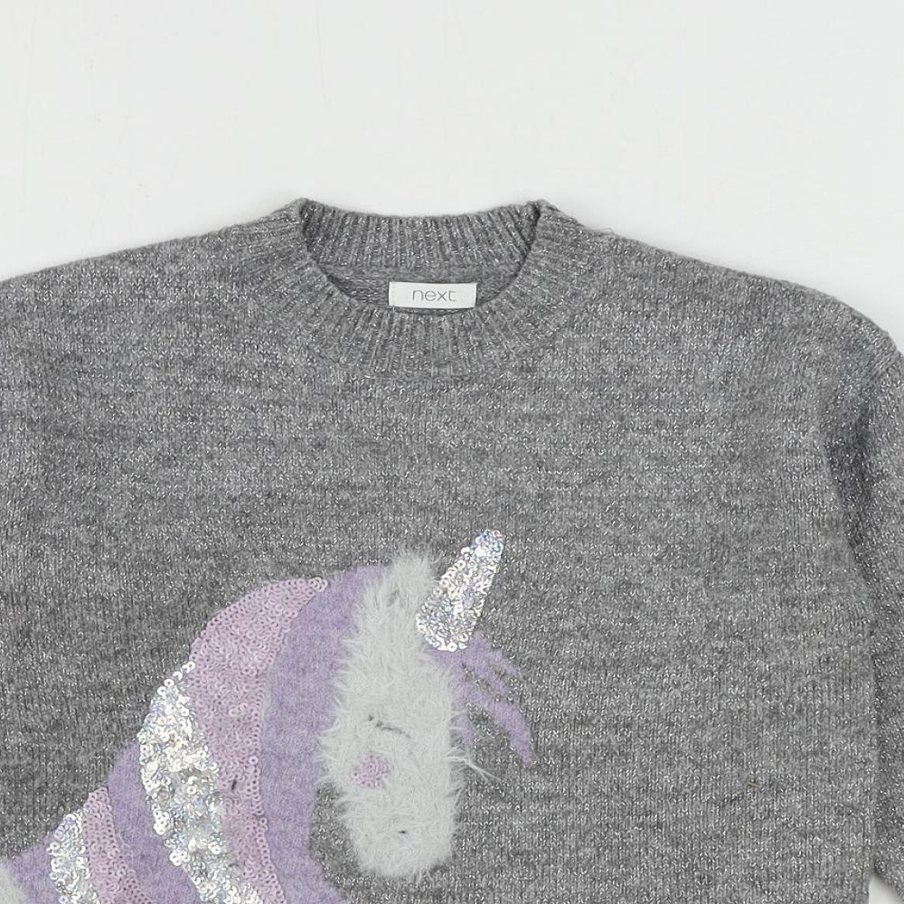 NEXT Girls Grey Round Neck Polyester Pullover Jumper Size 5 Years Pullover - Unicorn