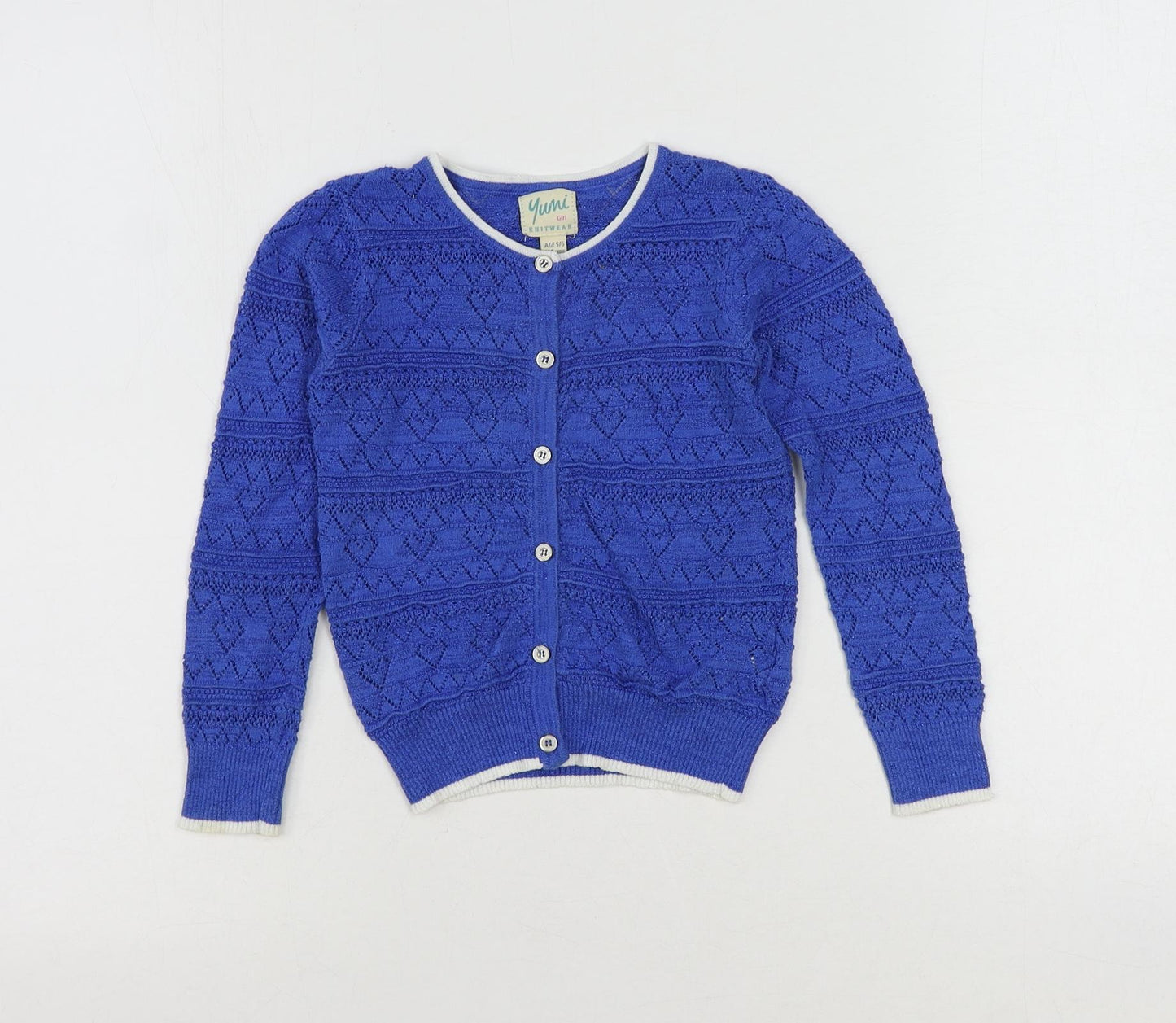 Yumi Girls Blue Round Neck Cotton Cardigan Jumper Size 5-6 Years Button
