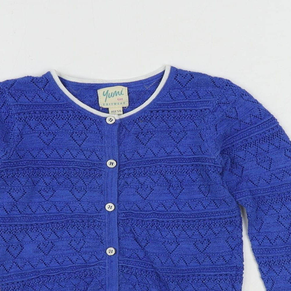 Yumi Girls Blue Round Neck Cotton Cardigan Jumper Size 5-6 Years Button