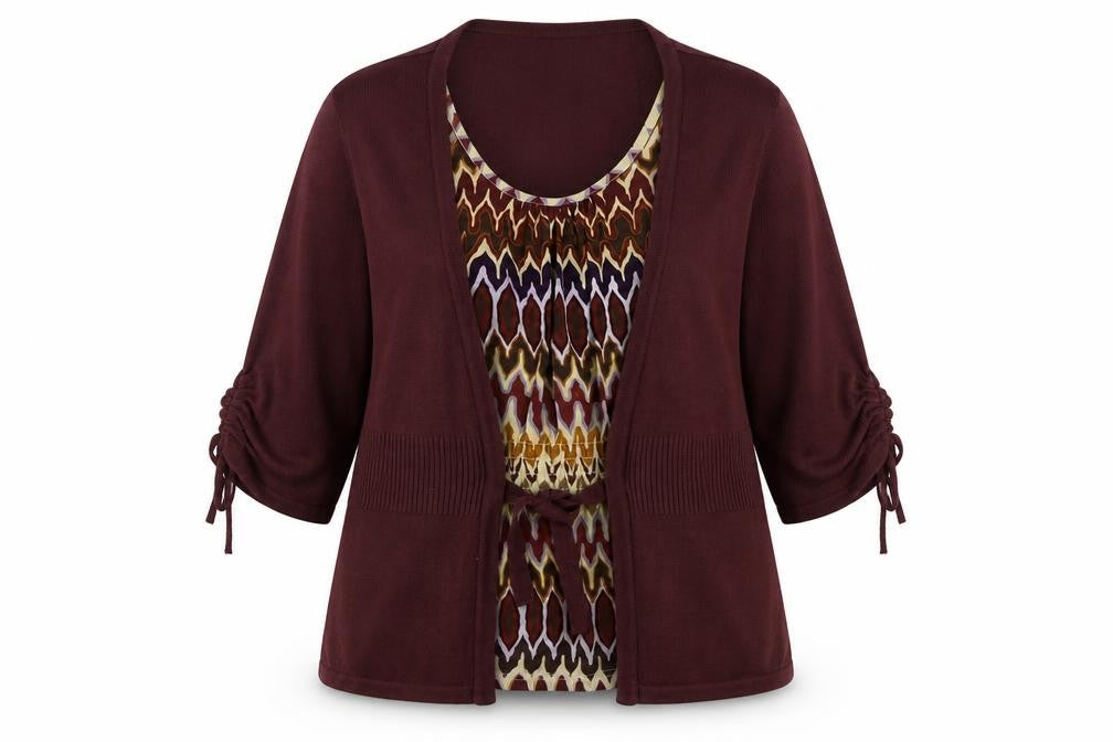 Front view of Klass women’s red acrylic basic blouse, size L, scoop neck - cardigan effect