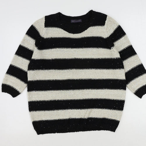 Marks and Spencer Womens Black Round Neck Striped Polyester Pullover Jumper Size 12 - Sequin