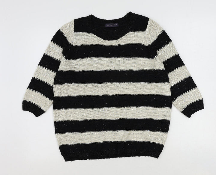 Marks and Spencer Womens Black Round Neck Striped Polyester Pullover Jumper Size 12 - Sequin