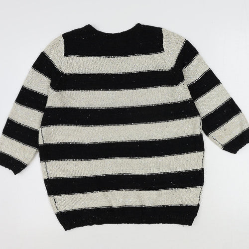Marks and Spencer Womens Black Round Neck Striped Polyester Pullover Jumper Size 12 - Sequin
