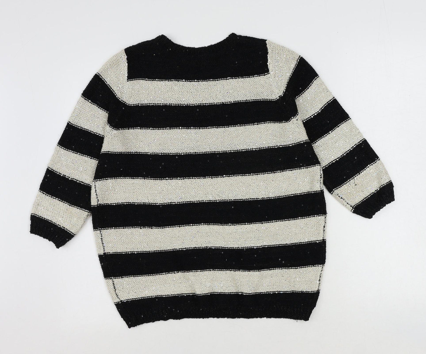Marks and Spencer Womens Black Round Neck Striped Polyester Pullover Jumper Size 12 - Sequin