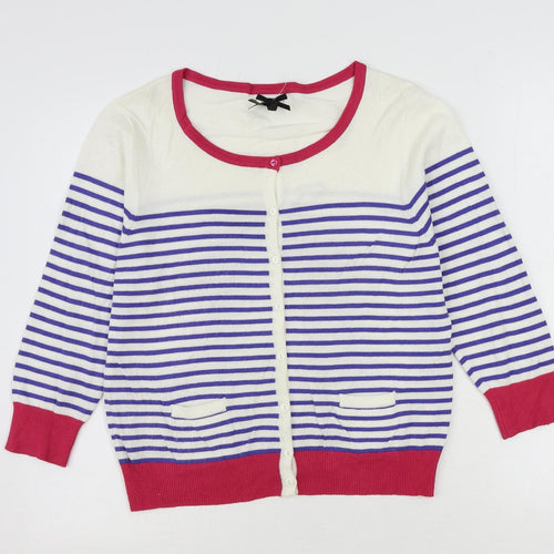 Text Womens Ivory Round Neck Striped Viscose Cardigan Jumper Size M