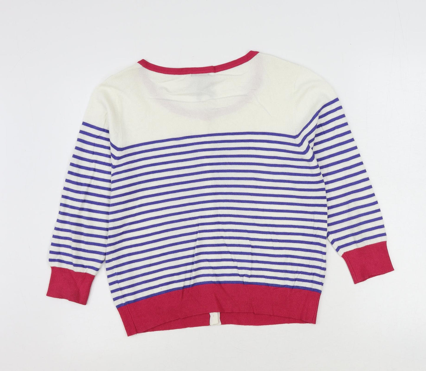 Text Womens Ivory Round Neck Striped Viscose Cardigan Jumper Size M