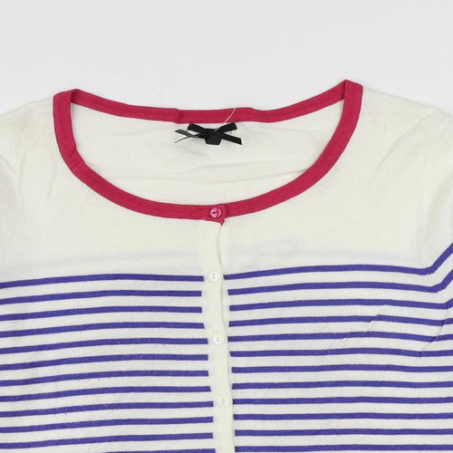 Text Womens Ivory Round Neck Striped Viscose Cardigan Jumper Size M