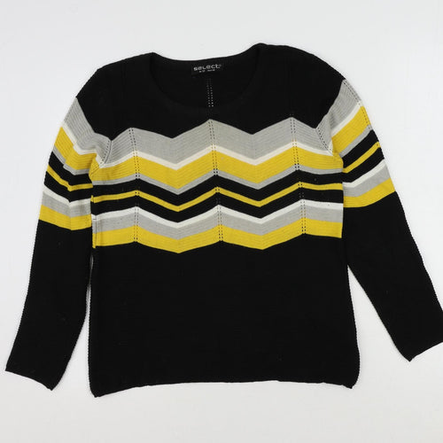 Select Womens Black Round Neck Herringbone Cotton Pullover Jumper Size 12