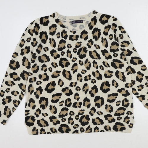 Marks and Spencer Womens Beige Round Neck Animal Print Acrylic Pullover Jumper Size 18 - Leopard Print