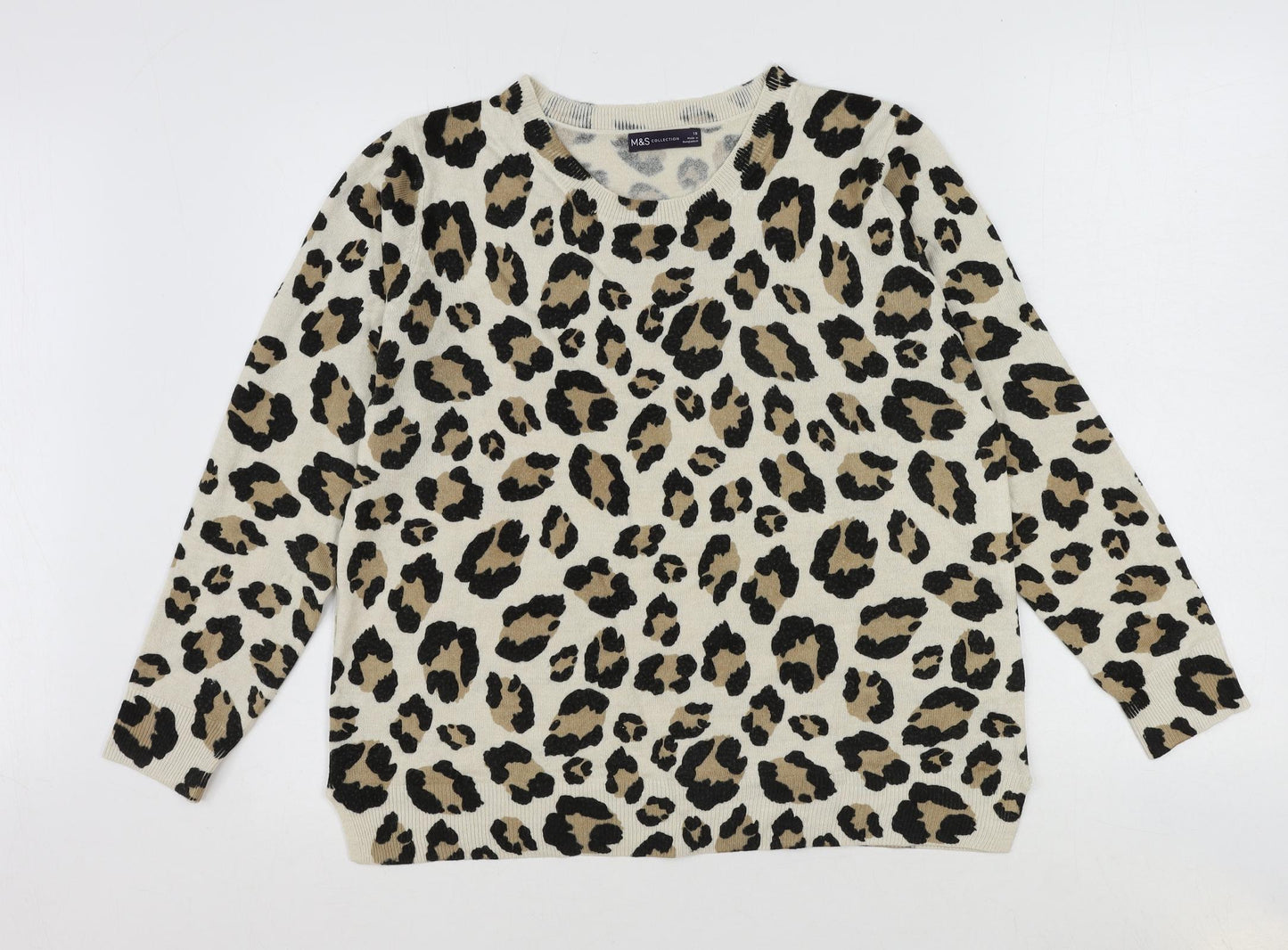 Marks and Spencer Womens Beige Round Neck Animal Print Acrylic Pullover Jumper Size 18 - Leopard Print