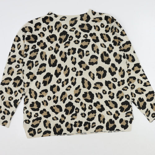 Marks and Spencer Womens Beige Round Neck Animal Print Acrylic Pullover Jumper Size 18 - Leopard Print