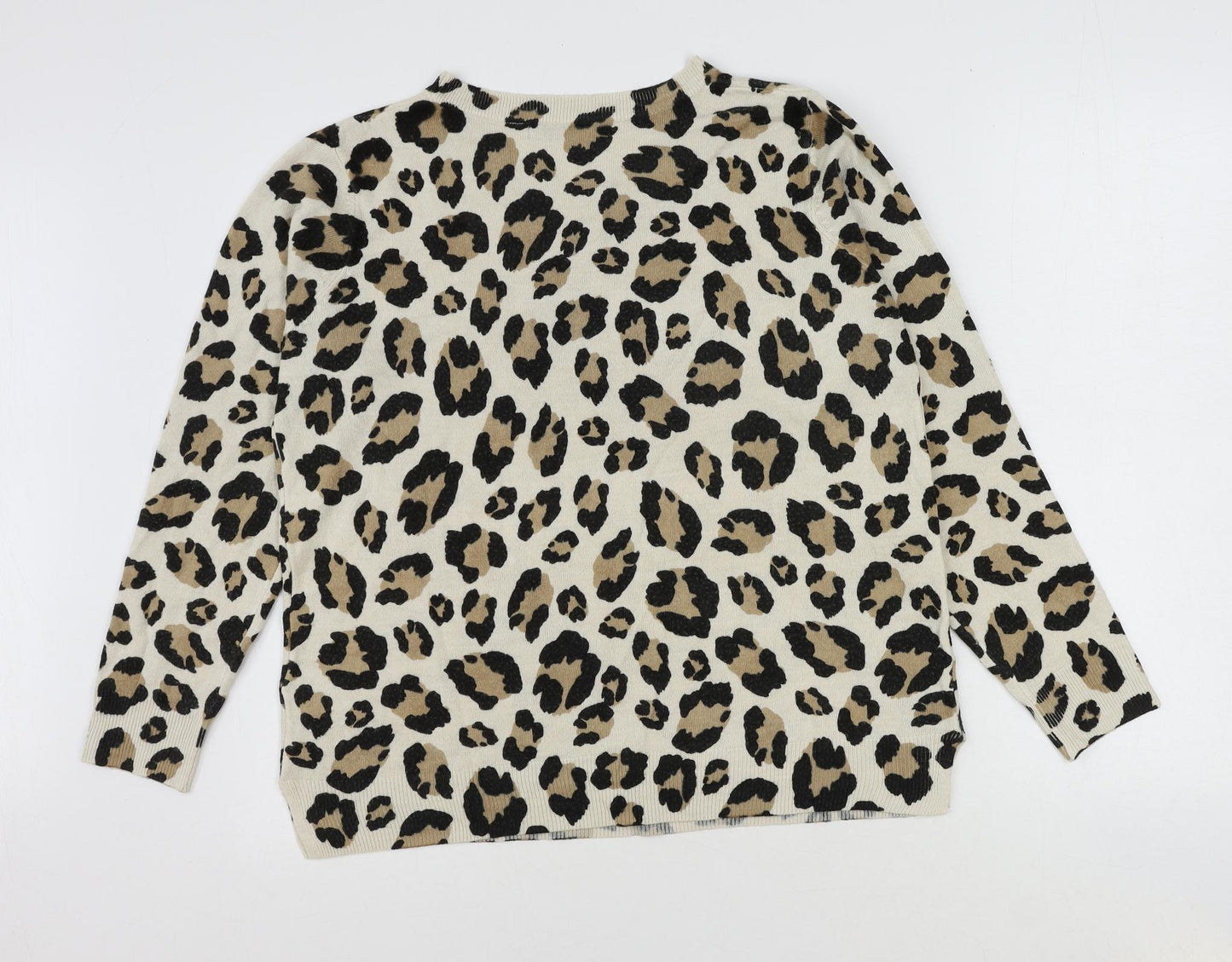 Marks and Spencer Womens Beige Round Neck Animal Print Acrylic Pullover Jumper Size 18 - Leopard Print