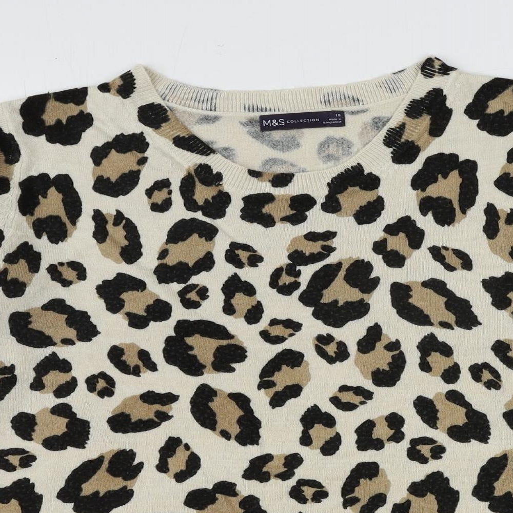 Marks and Spencer Womens Beige Round Neck Animal Print Acrylic Pullover Jumper Size 18 - Leopard Print