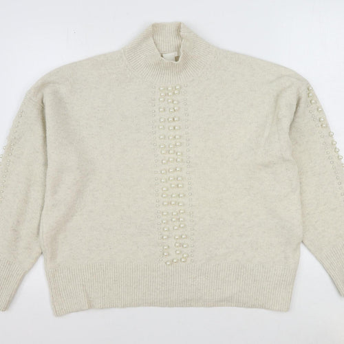 H&M Womens Ivory High Neck Acrylic Pullover Jumper Size M - Beaded