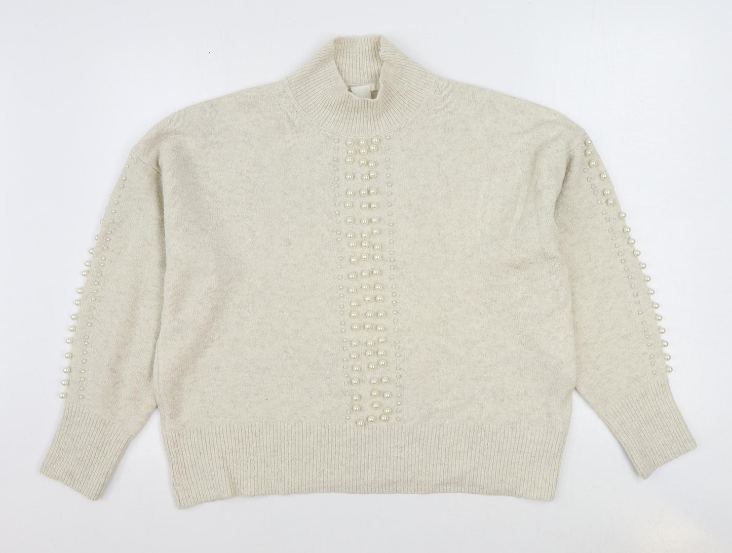 H&M Womens Ivory High Neck Acrylic Pullover Jumper Size M - Beaded