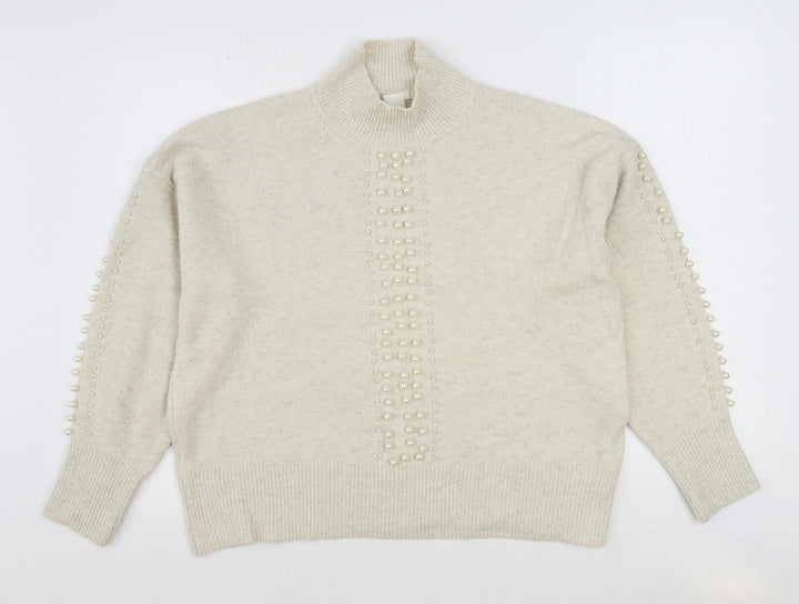 H&M Womens Ivory High Neck Acrylic Pullover Jumper Size M - Beaded