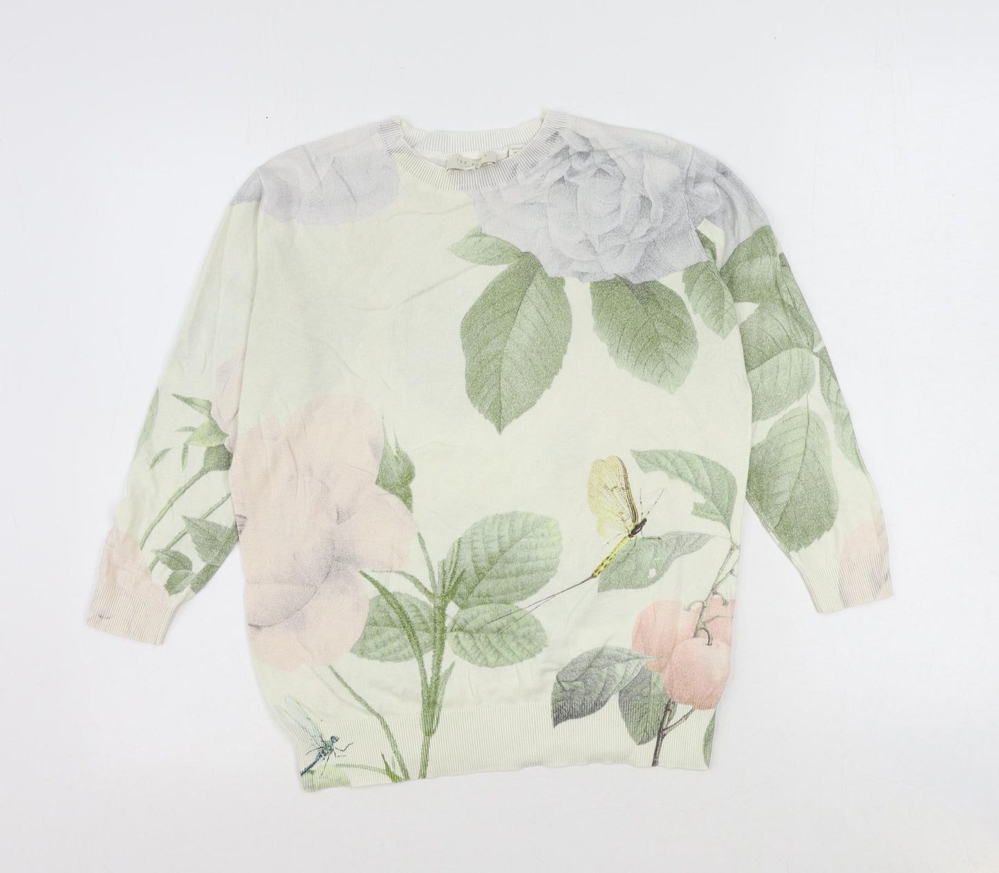 Ted Baker Womens Ivory Round Neck Cotton Pullover Jumper Size S - Flower Detail Ted Baker Size 1