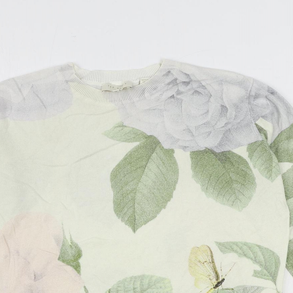 Ted Baker Womens Ivory Round Neck Cotton Pullover Jumper Size S - Flower Detail Ted Baker Size 1