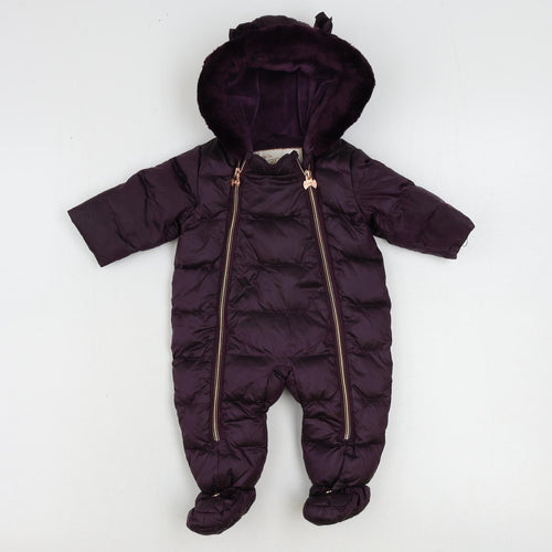 Ted Baker Girls Purple Puffer Jacket Snowsuit Size 0-3 Months Zip - Faux Fur Trim