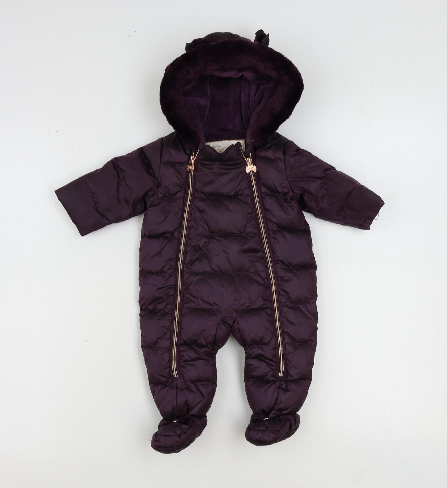 Ted Baker Girls Purple Puffer Jacket Snowsuit Size 0-3 Months Zip - Faux Fur Trim