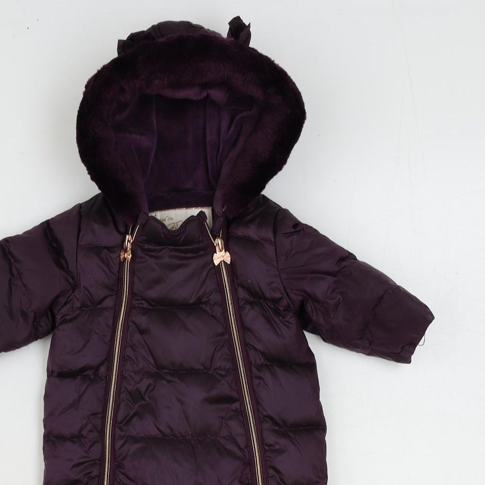Ted Baker Girls Purple Puffer Jacket Snowsuit Size 0-3 Months Zip - Faux Fur Trim